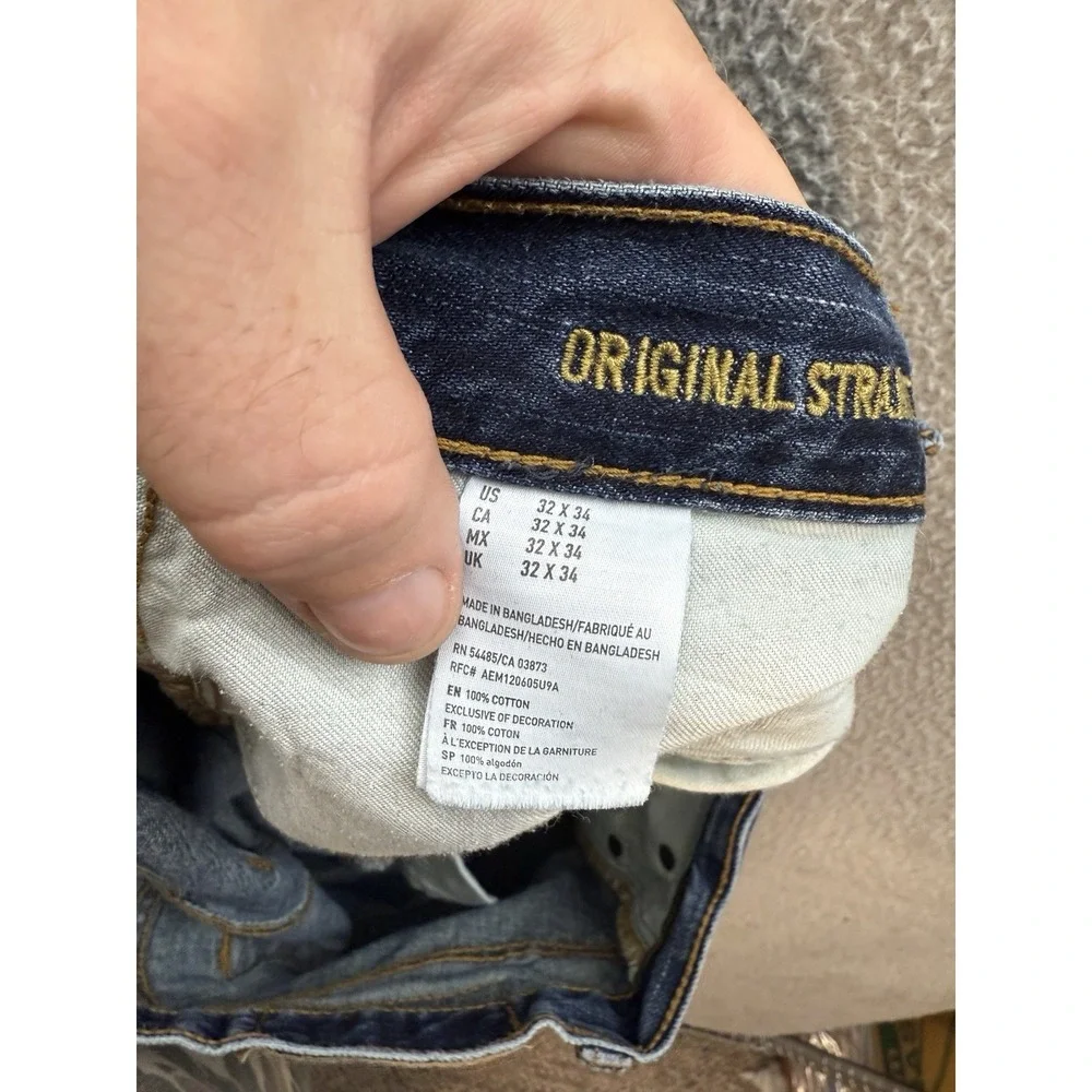 American Eagle Jeans Mens 32x34 Blue Original Straight Distressed Denim Preppy *